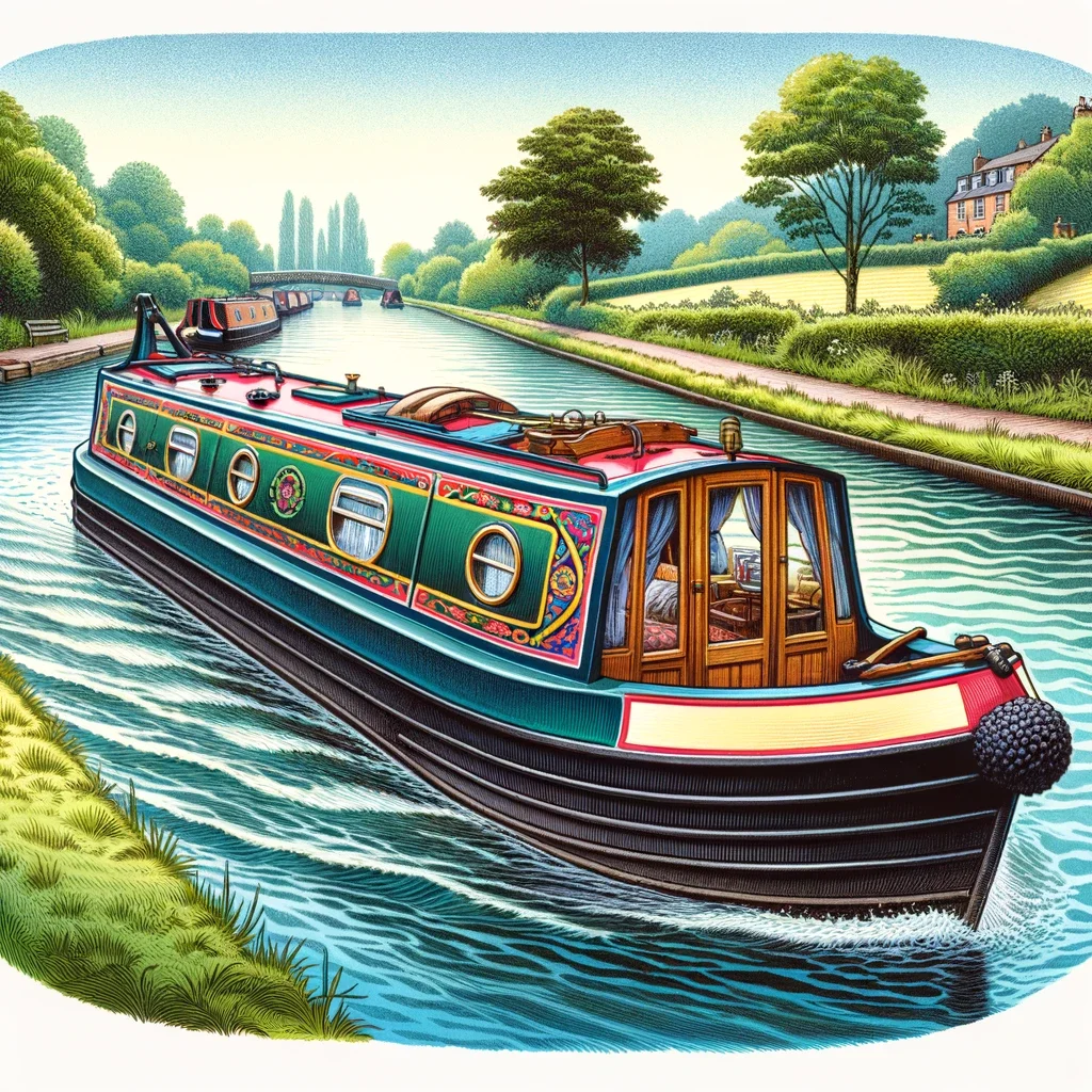 An illustration of a canal narrowboat cruising a beautiful stretch of canal. 