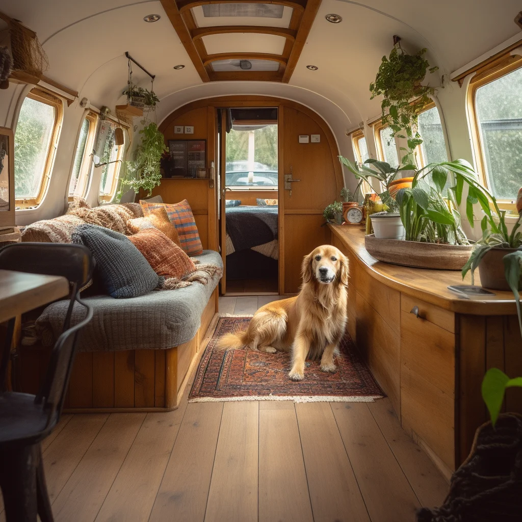 Photograph of a golden retriever dog sitting on the floor of a stylish narrowboat interior.