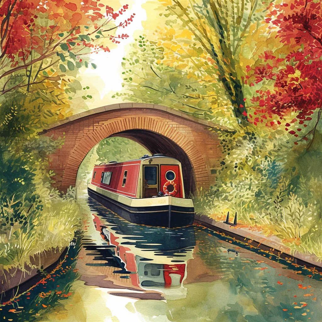 Watercolour style Illustration of a narrowboat passing beneath a narrow bridge