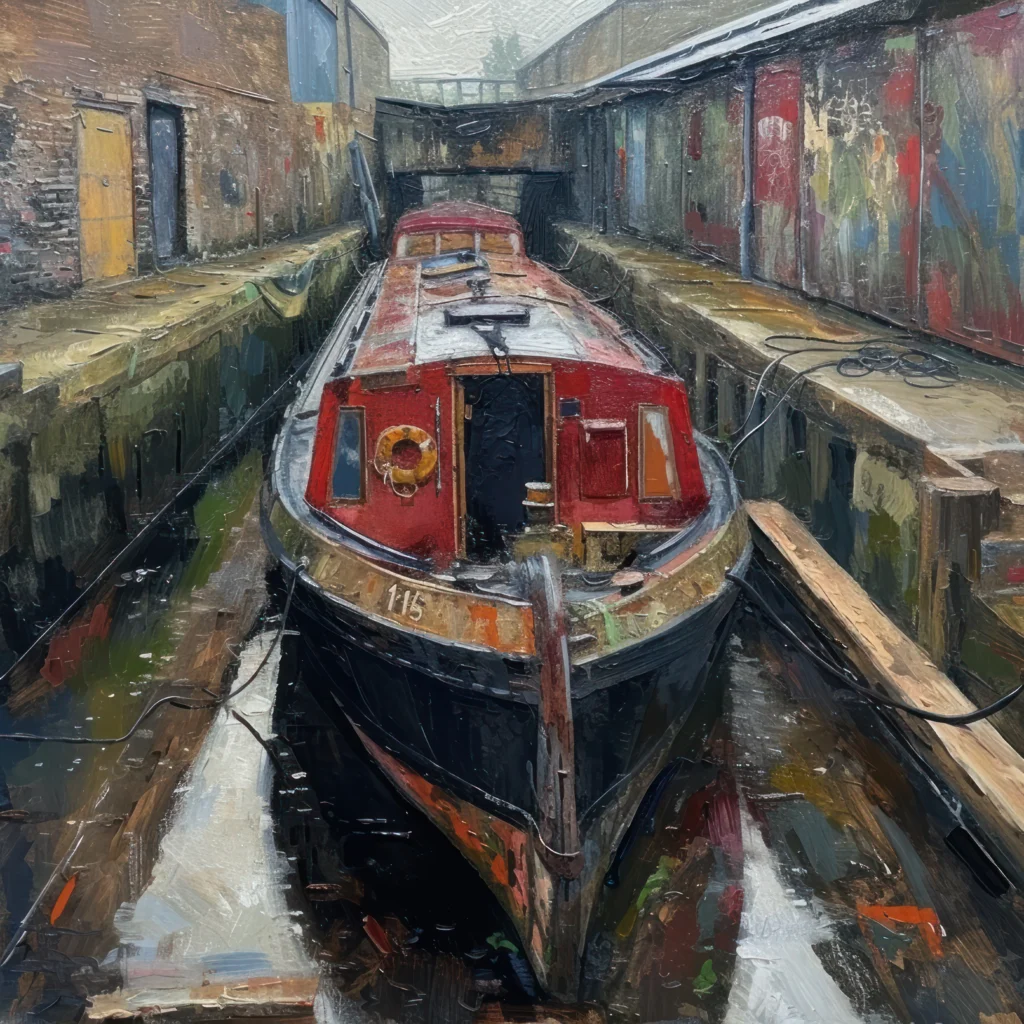 An oil painting of a narrowboat in a dry dock.