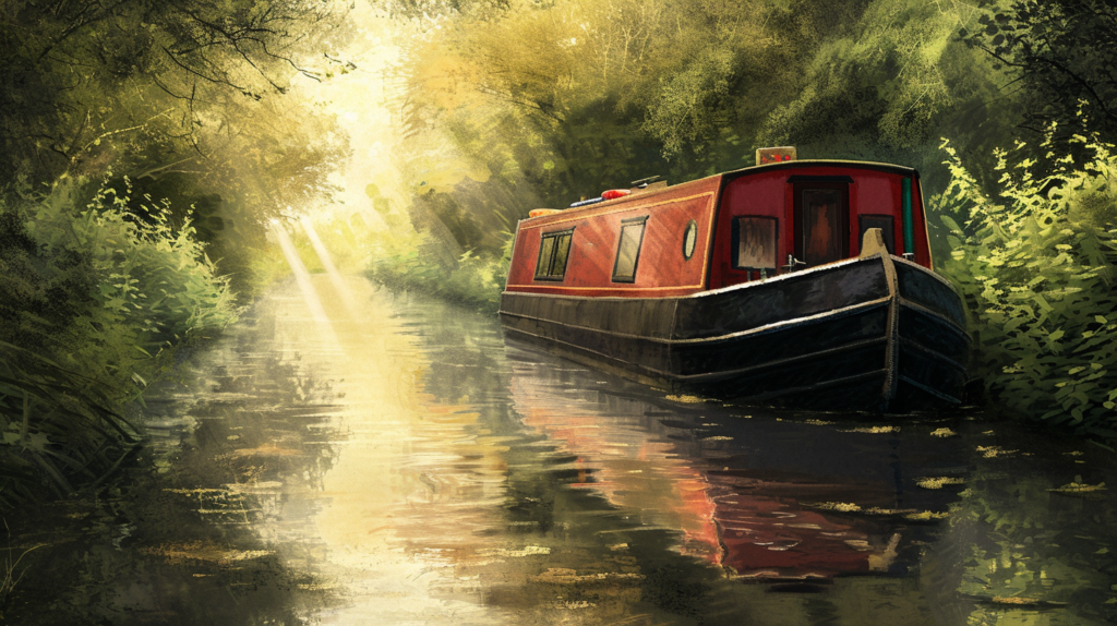 An illustration of a narrowboat moored on the bank of a sunlit dappled canal.