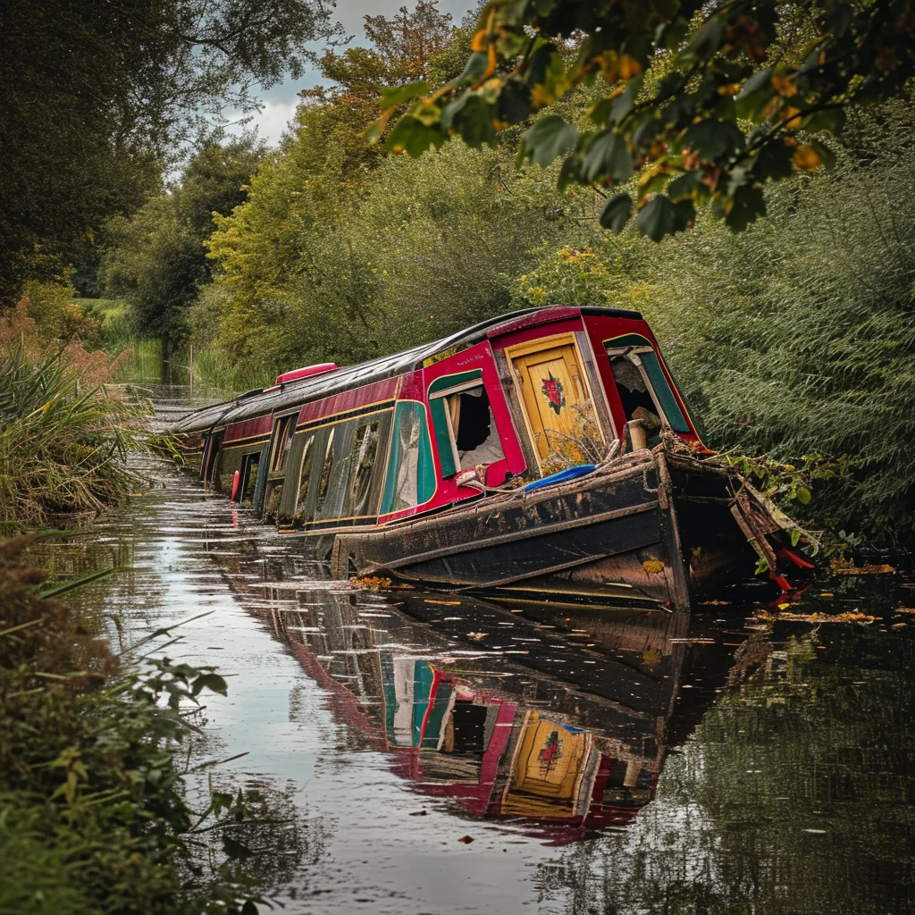 Photograph of a sunken canal narrowboat. Half of it is submerged whilst the front half sticks at an extreme angle from the canal.