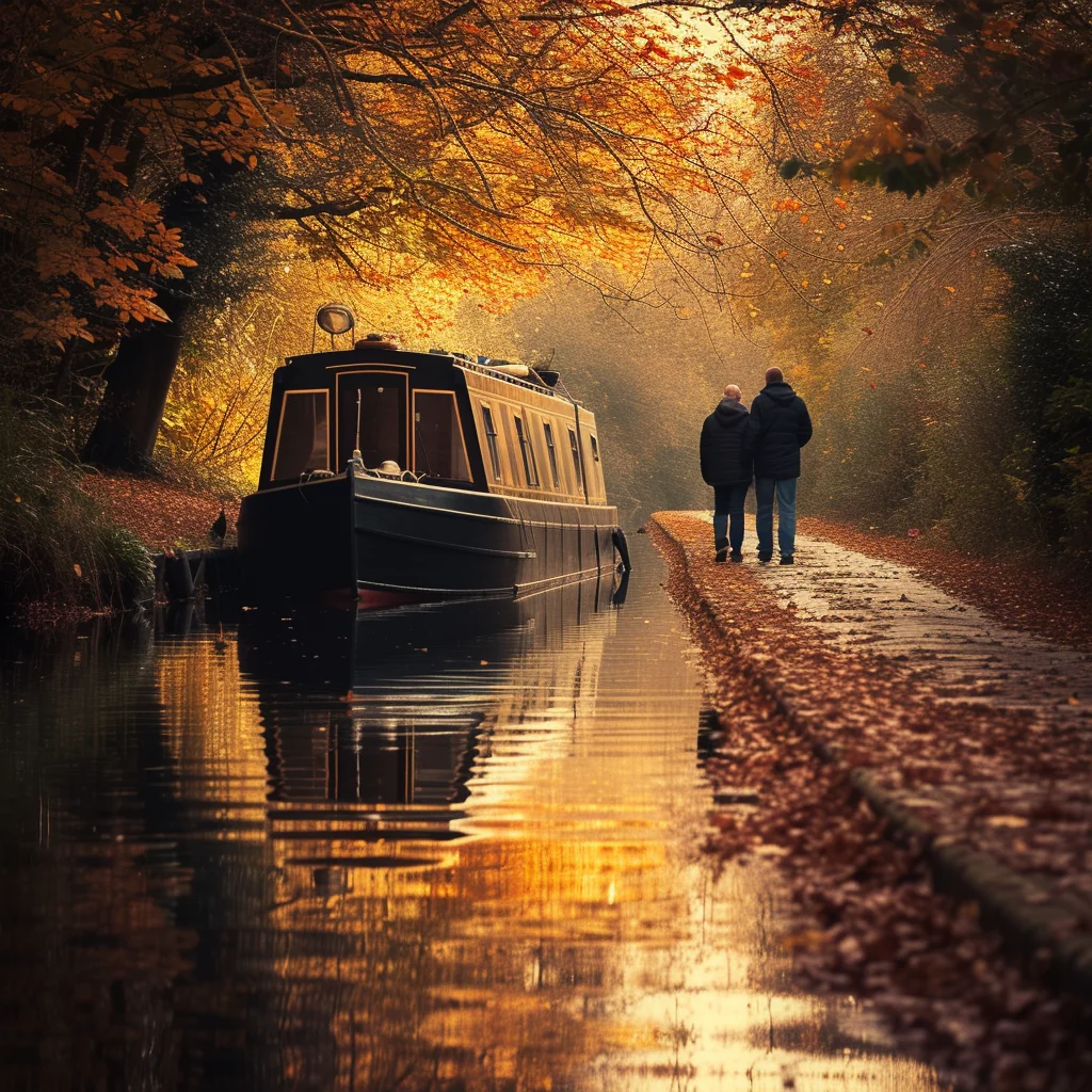 Photo of a narrowboat moored alongside a canal towpath. It is autumn and the trees are a golden colour.