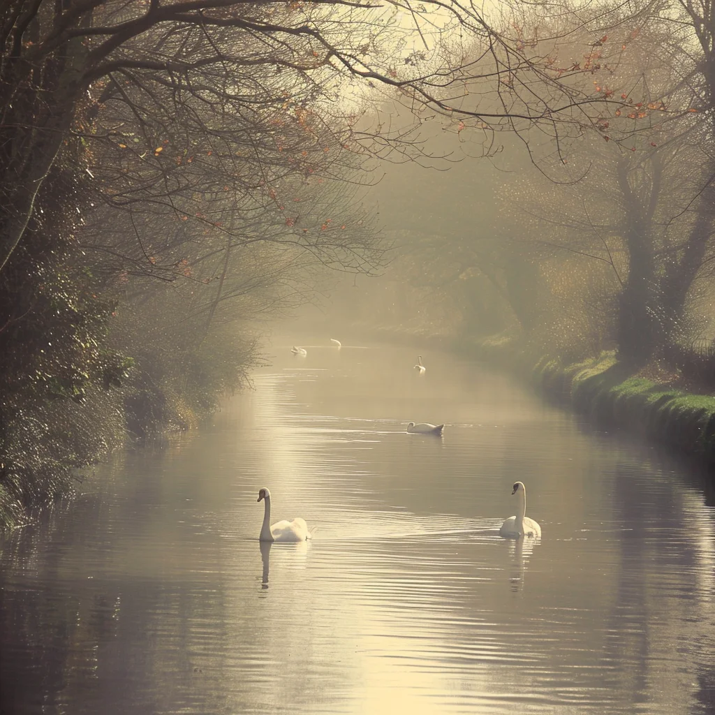 A British canal, shrouded with mist. Four swans navigate the peaceful waterway.