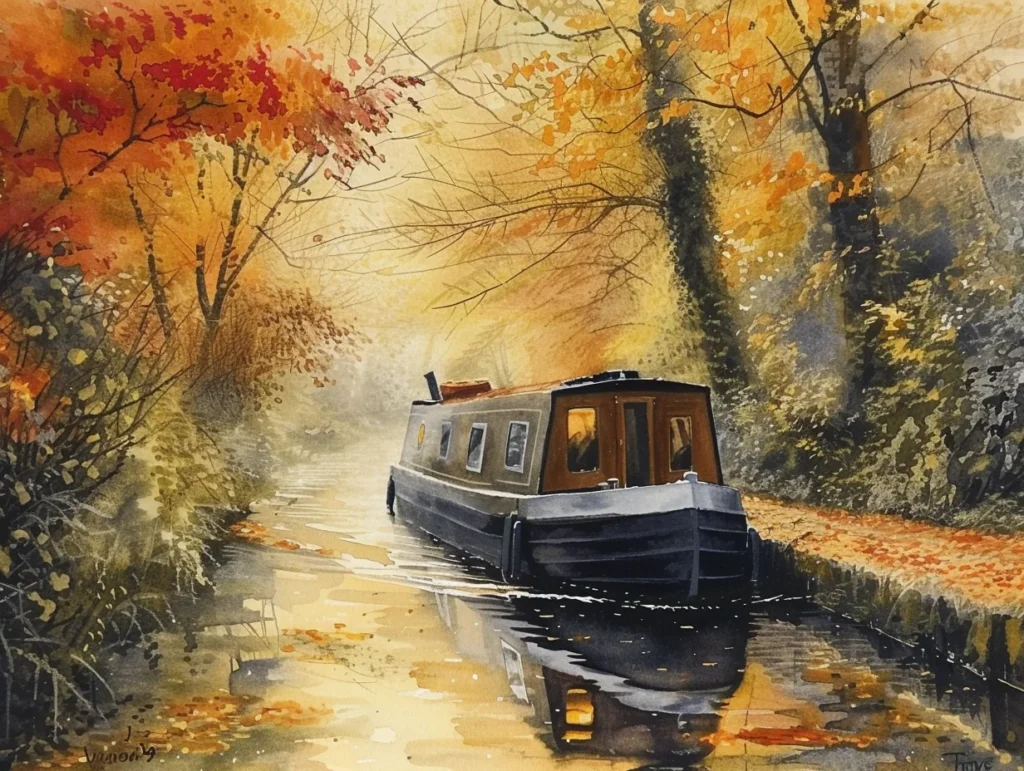 watercolour image of a narrowboat mooring on a canal