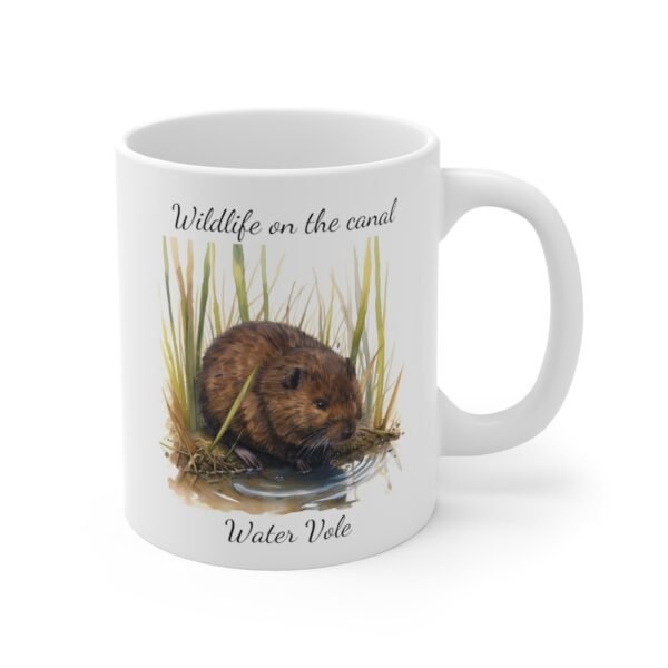 A white mug featuring a watercolour painting of a water vole on a canal bank.