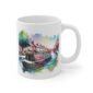 A watercolour illustration of a narrowboat on a white mug.