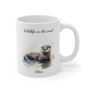 A white ceramic mug featuring a watercolour image of an otter. Text reads, 'Wildlife on the canal - Otter'