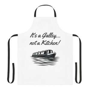 An apron featuring a picture of a narrowboat and the text, "It's a galley... not a kitchen!"