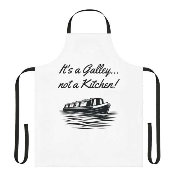 An apron featuring a picture of a narrowboat and the text, "It's a galley... not a kitchen!"