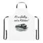 An apron featuring a picture of a narrowboat and the text, "It's a galley... not a kitchen!"