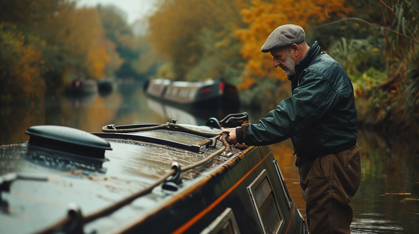 A man standing on the gunnels of a narrowboat. He is adjusting a rope.