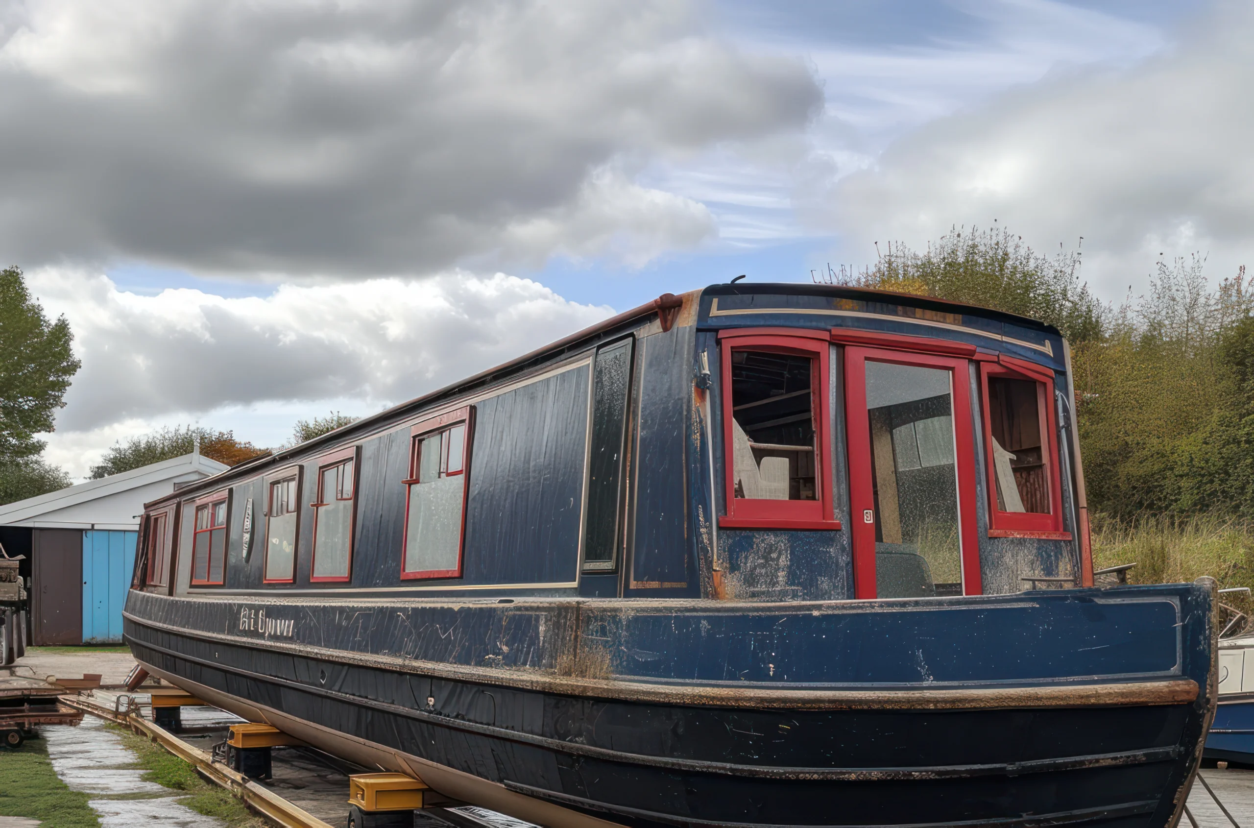 A narrowboat out of water on a trailer