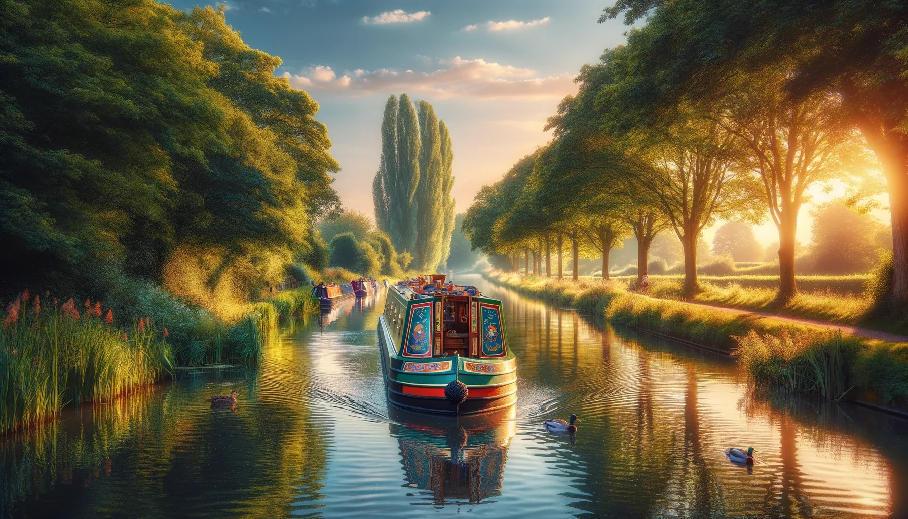 Illustration of a narrowboat navigating an idyllic canal.