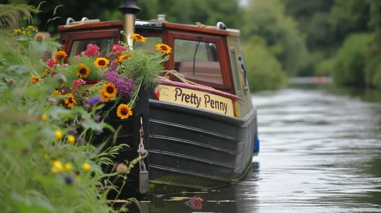 A photo of a narrowboat, named The Pretty Penny, moored alongside a canal bank bursting with wild flowers