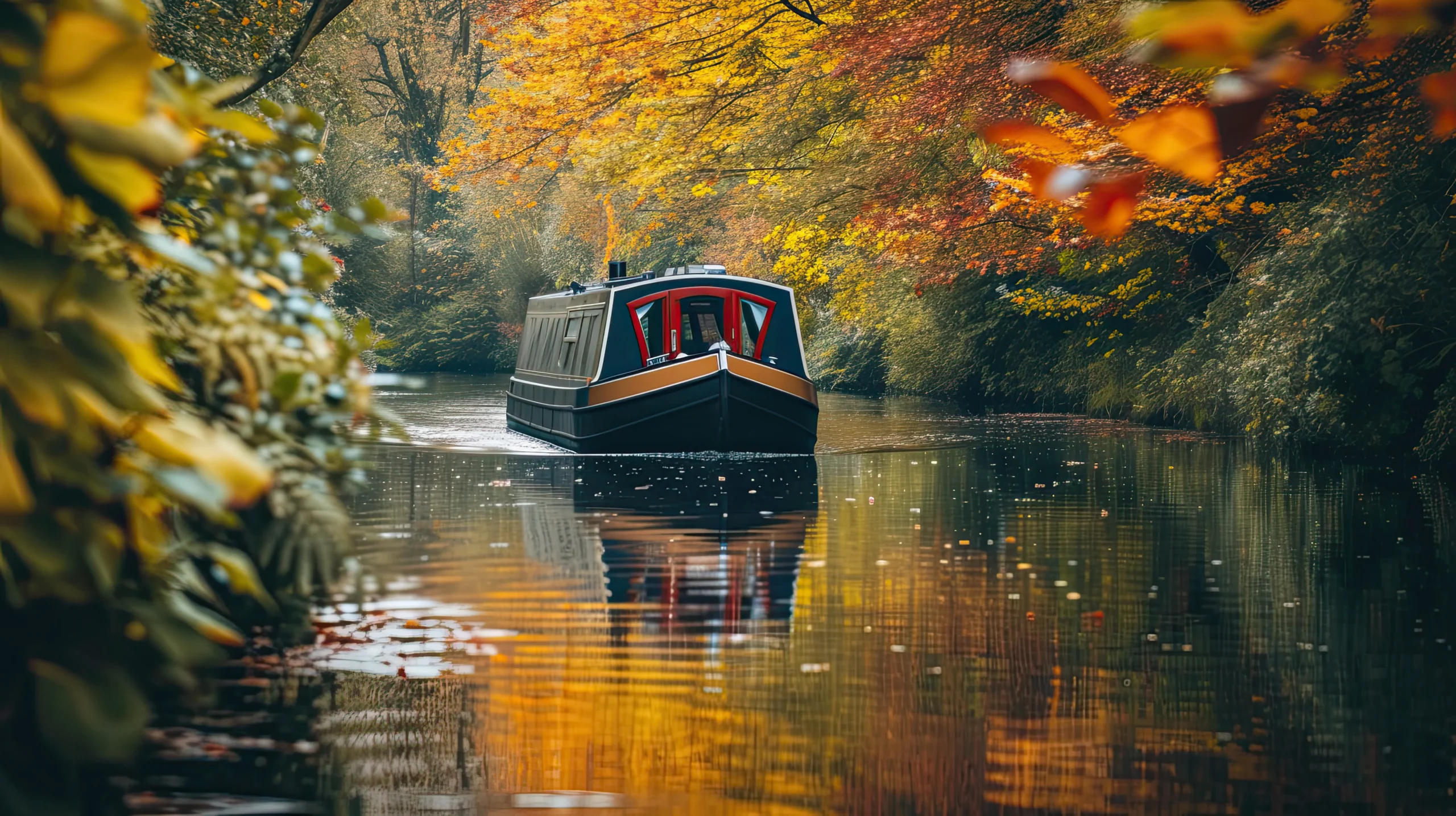 A narrowboat on a UK canal in autumn.